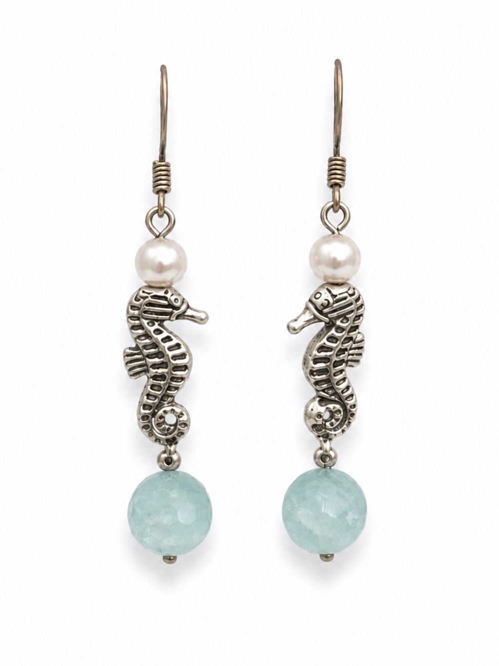 Silver Tone Seahorse with Swarovski Glass Pearls and Aqua Glass Beads